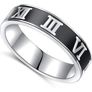 S925 Sterling Silver Vintage Black Roman Numeral Ring Wedding Band
